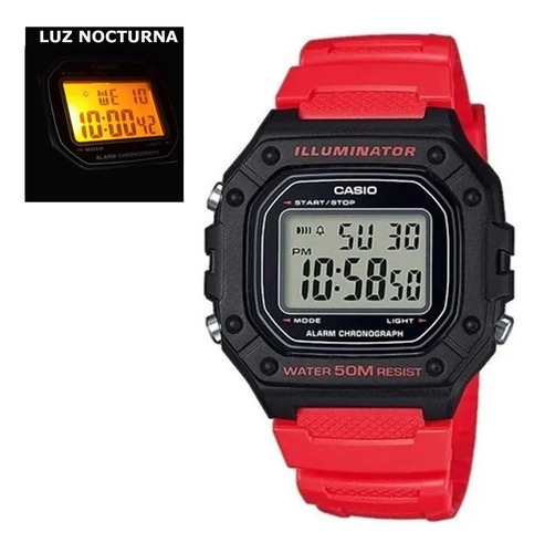 Imagen 3 de 6 de Reloj de pulsera Casio Youth W-218H de cuerpo color negro, digital, fondo gris, con correa de resina color rojo, dial negro, minutero/segundero negro, bisel color negro, luz ámbar y hebilla simple