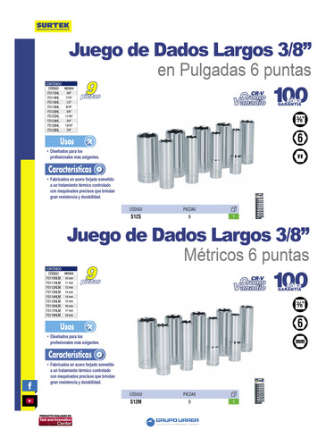 Juego De 9 Dados Largos Milimétricos 3/8 Surtek