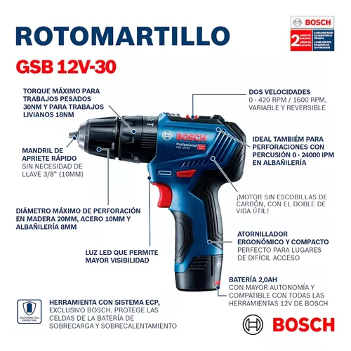 Taladro percutor a batería Bosch Professional GSB 12V con 2 baterías de 2Ah