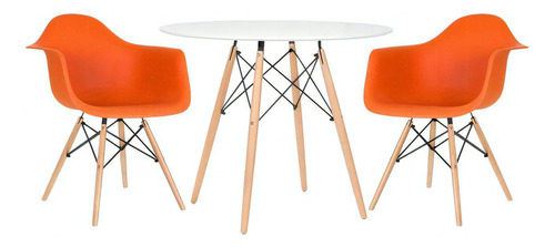 Kit Mesa Jantar Redonda 90 Cm E 2 Cadeiras Eames Wood Daw Cor Mesa branco com cadeiras laranja