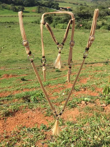 Conjunto de peitoral e cabeçada de franja marrom com bege + rédea