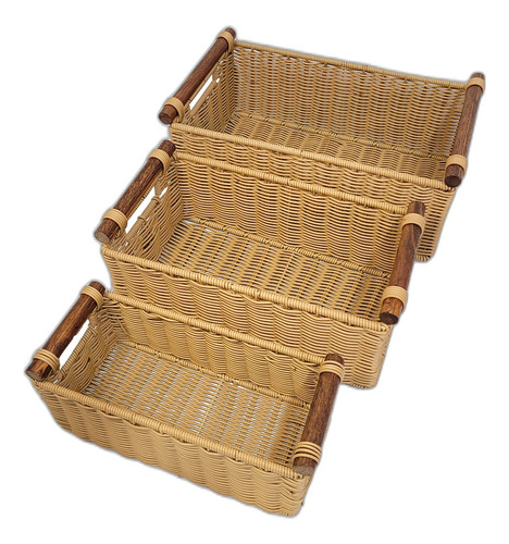 Cesto Multiuso Rattan Plástico Kit Com 3 Tamanhos Com Alça Cor Marrom-claro