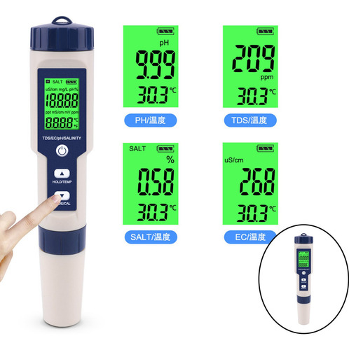 5 En 1 Lcd Tds Ph Meter Conductividad Piscina Agua Salinidad