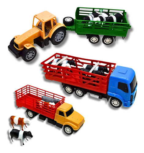 Kit 2 Caminhão + Trator Com Bois Vacas Brinquedo Presente