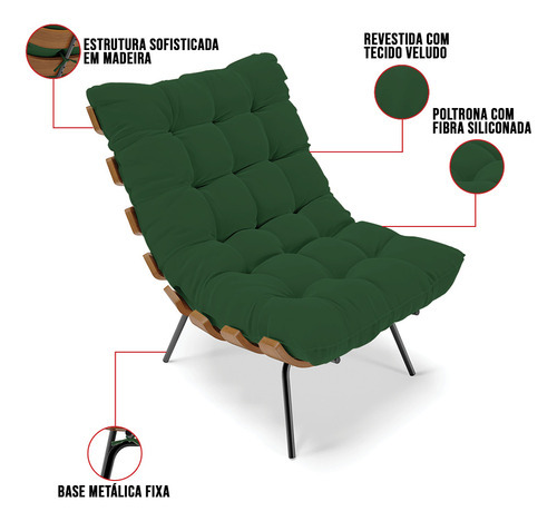Kit 01 Poltrona E 01 Puff Costela Veludo Verde Base Metálica