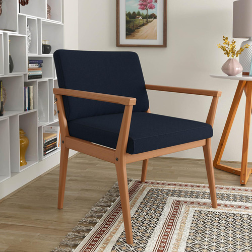 Poltrona Tip Com Base De Madeira No Linho Azul Marinho
