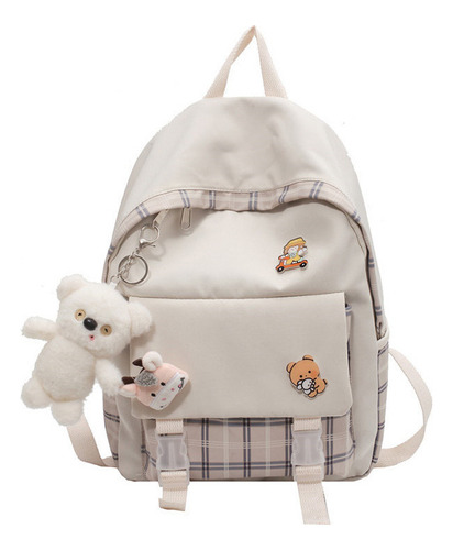 Linda mochila Kawaii com alfinete Toro Bear, bolsa escolar pendurada em cor cáqui