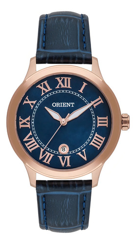 Relógio Orient Feminino Pulseira Couro Frsc1014 D3dx Correia Azul Bisel Rosa Fundo Azul