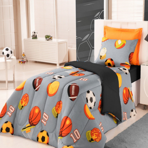 Roupa De Cama Edredom Cobre Leito Solteiro Infantil 01 Pç Cor Futebo Cinza