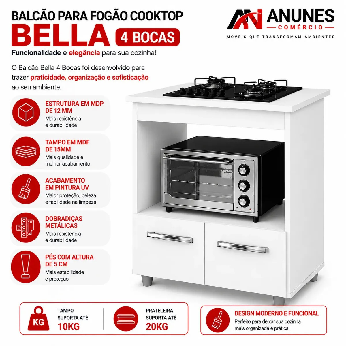 Balcão Para Fogão Cooktop Bella 4 Bocas Mdp 2 Portas 75cm Forno Microondas Compacto Branco