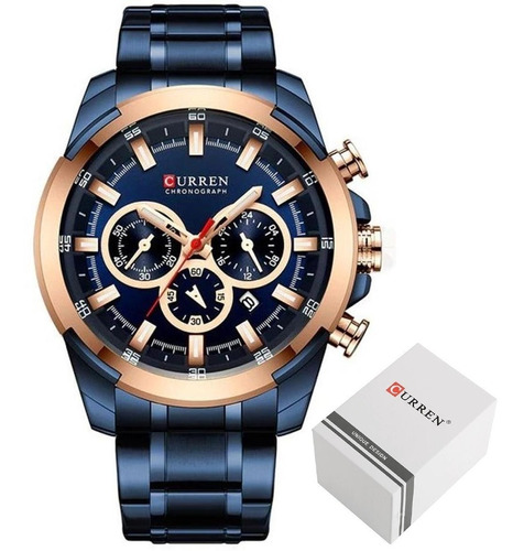 Relogio Masculino Luxo Casual Curren 8361 Aço Inox Original Cor da correia Azul Cor do bisel Azul Cor do fundo Azul