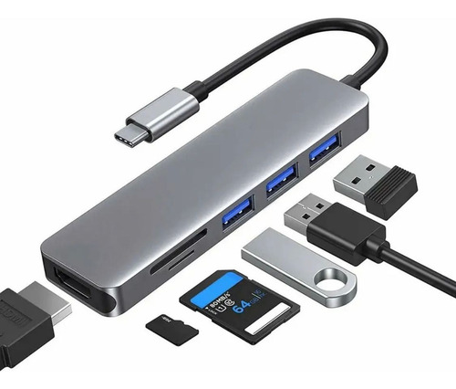 Hub Adaptador Usb Tipo C 6 En 1 / Hdmi Usb Para Mac Windows
