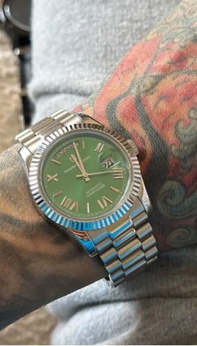 Reloj automático Day-date Pagani, acero inoxidable, cristal de zafiro, color de correa, plata, color bisel, verde