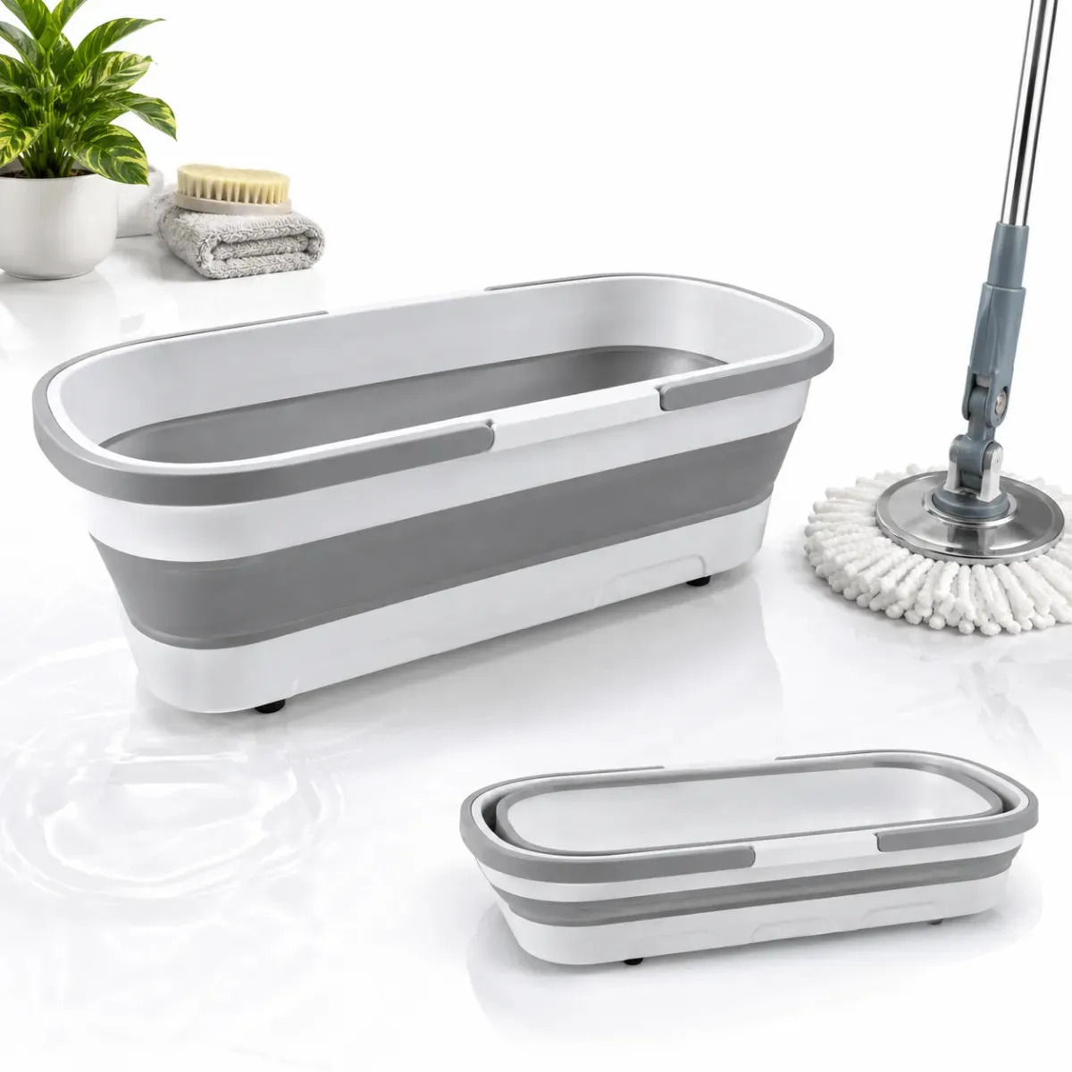 Balde Dobrável Retrátil Retangular 55x25cm Com Rodinhas Multiuso Limpeza Lavanderia Flexível Compacto Organizador Casa Mop Rodo Fácil Guardar Transportar Katrex