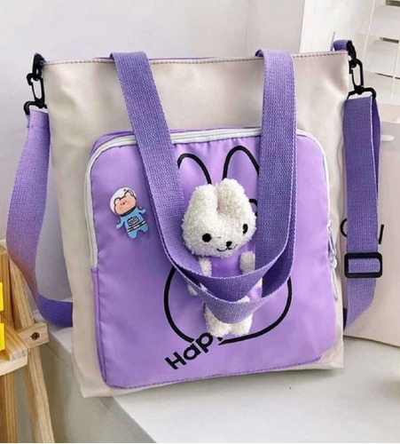 Bolso Cartera Urbana Escolar Con Peluche Conejo 3 D Kawaii