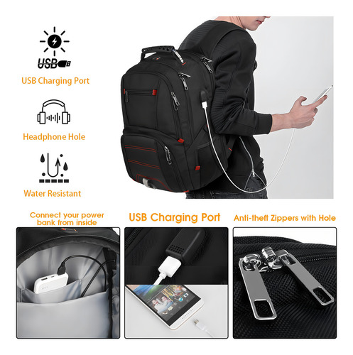 Mochila De Viaje Para Laptop, Mochila Extra Grande De 50 Li. Color Rfid 17.3 Pulgadas Negro