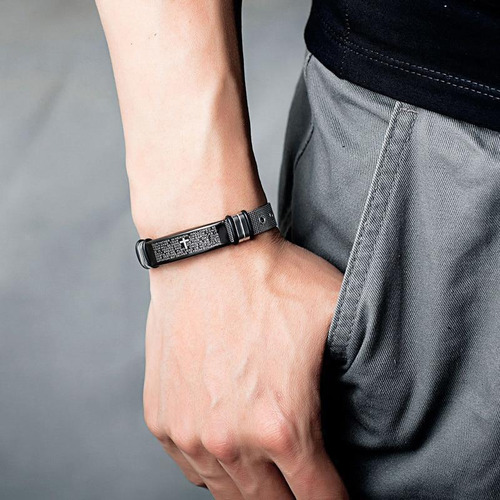Pulseira Masculina Malha De Aço Oração Pai Nosso Em Espanhol
