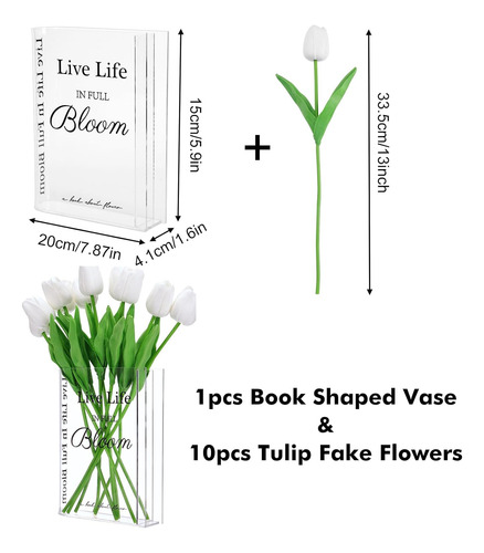 10 Tulipanes Artificiales Jarrón De Libro, Flores Fals...