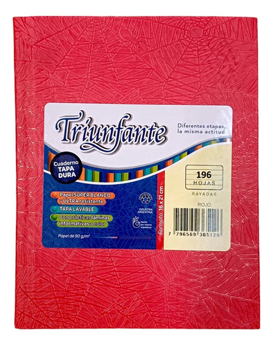 Cuaderno Escolar Triunfante 16x21 Tapa Dura X 200 Hjs Rayas Color Rojo
