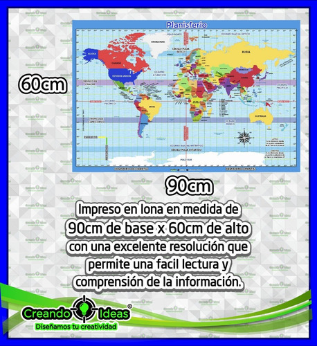 Lona Planisferio Mapamundi 90cm X 60cm #creandoideasveracruz