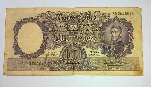 Billete 1000 Pesos M. Nacional Argentina 1965 Vf
