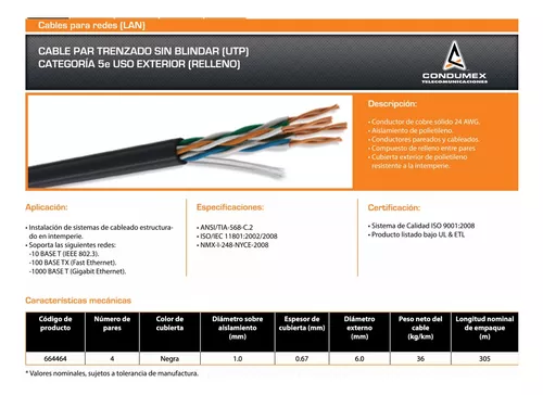 Cables UTP Cat.6 Exterior marca Condumex - Distribuidor Cables y Redes