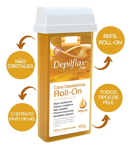 3 Refil Cera Depilação Roll-on Mel Natural 100g Depilflax