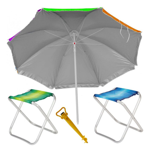 Kit Guarda Sol Praia + 2 Banquetas Dobraveis + Saca Areia