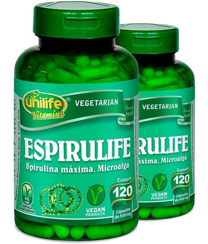 Kit 2 Spirulina 500mg Espirulife Unilife 120 Cápsulas Sabor Sem Sabor