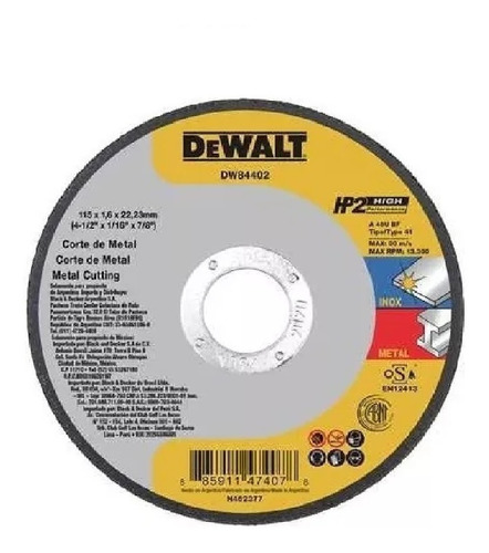 Disco De Corte Amoladora 115mm Dewalt Dw84402 Metales