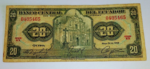 Billete Ecuador  20 Sucres  1968- Pick 103b- F.+