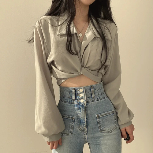 Blusa Vintage De Gasa Ajustada Con Cuello En V