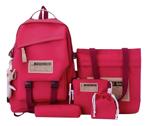 Set Mochila Bolso Kawaii 4 Piezas Importado Bordó Liso