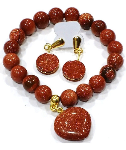 Pulseira + Brincos Pedra Do Sol Goldstone Bons Fluídos R36