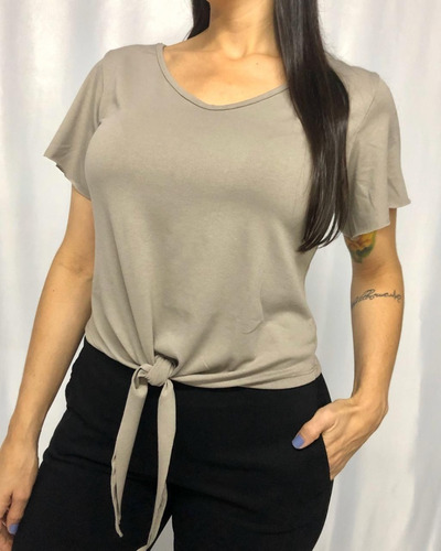 Blusa Nozinho Decote V Manga Flare Viscolycra Caqui