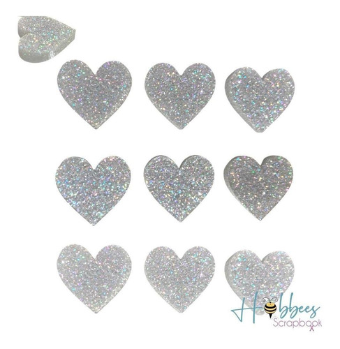 6 Corazones Adhesivos Resina Plata Glitter Adorno Scrapbook