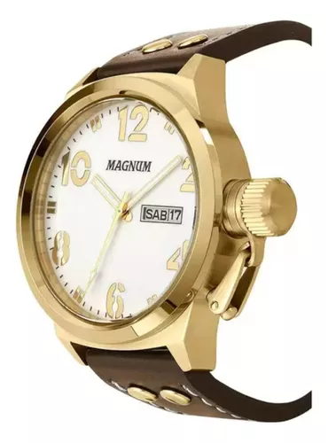 Relógio Masculino Dourado Magnum Pulseira De Couro Cor Da Correia Marrom  Cor Do Fundo Branco