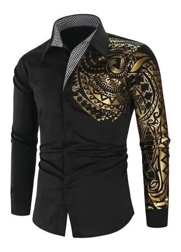 Camisa Negra Dorada De Lujo Para Hombre Talla Grande