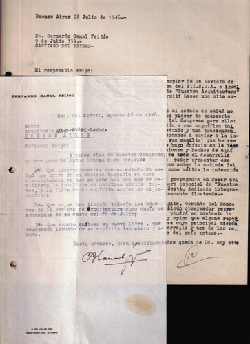 2 Cartas Bernardo Canal Feijoó 1946, Santiago Del Estero