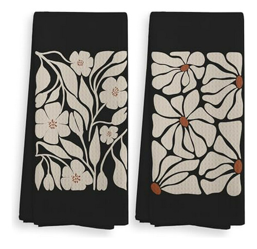 Toallas De Cocina Y Paños  Negro Floral, Set De 2 Compatible