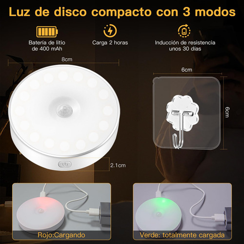 6pcs Luz Led Con Sensor De Movimiento Recargable 400mah Con