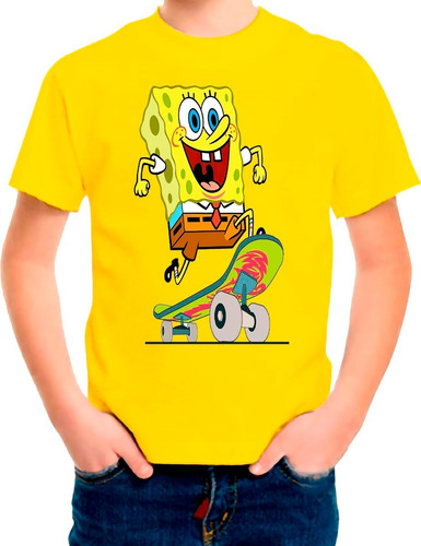 Polera Estampada 100% Algodón Niño Bob Esponja Patineta 