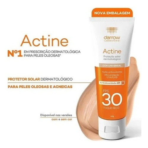 Protetor Solar Cor Universal Fps30 Antioleosidade Actine 40g
