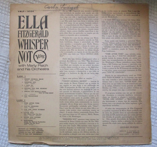 Imagen 2 de 6 de Ella Fitzgerald - Whisper Not (verve Copacabana Vmlp 14104)