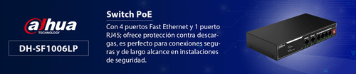 Switch 4 Puertos Poe 10/100 Dahua Sf1006lp 2 Puertos Uplink