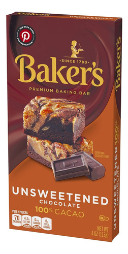 Bakers Premium Bar Baking Unsweet Chocolate 113g Importado