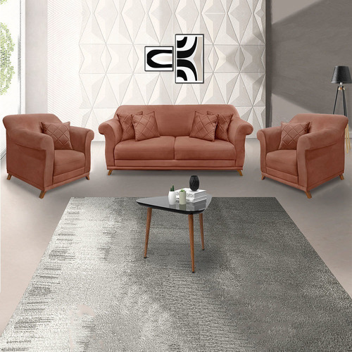 2 Poltronas E Sofá Living 2 Lugares 1,60m Vênus Veludo Cobre