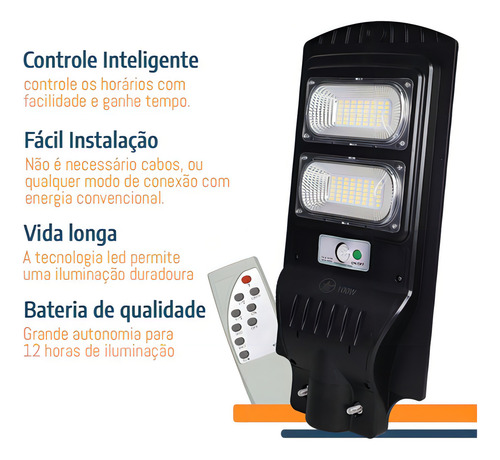 Luminária Solar 100w Via Pública Externa Led Sensor Presença Cor Preto 127/220V