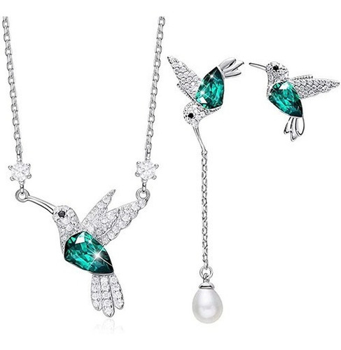 Juego Joyas Colibrí S925 Plata Cristal Swarovski Esmeralda