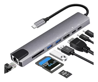 Hub Usb Tipo C 8 En 1 Lan Hdmi Usb 3.0 Sd Tf Laptop Celular Color Plateado